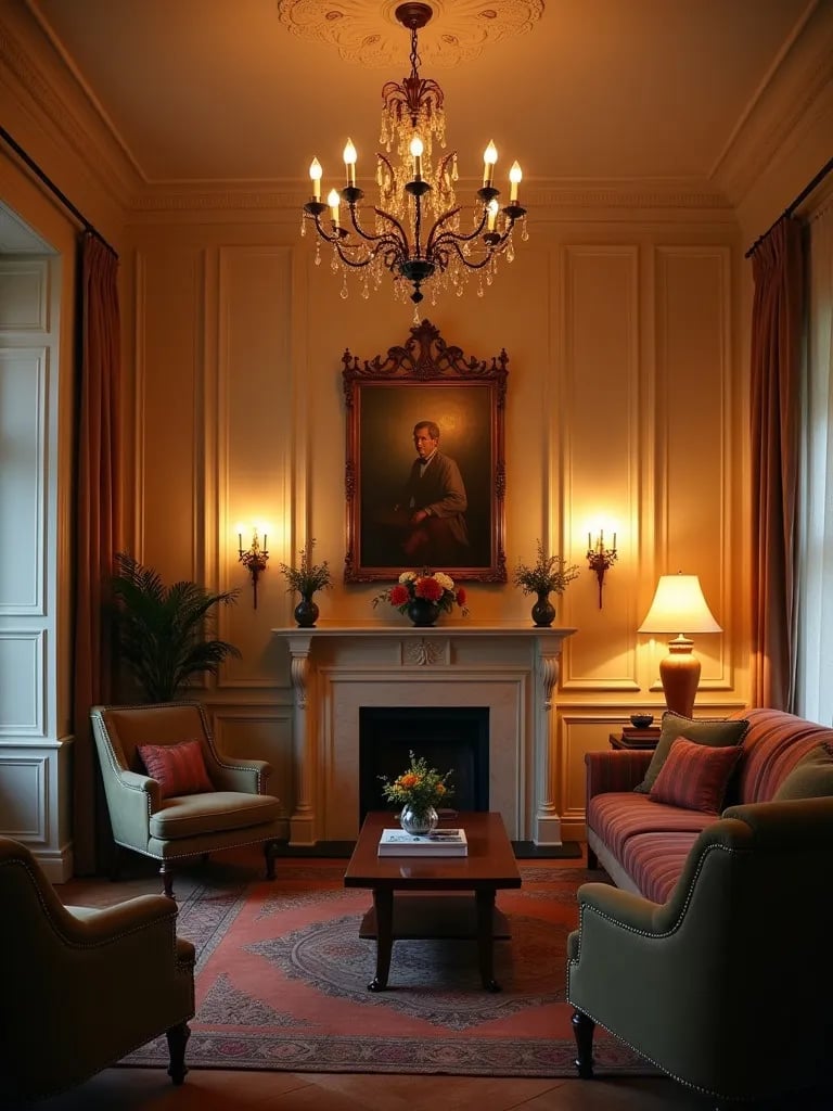Cozy living room with chandelier, wall sconces, and table lamps