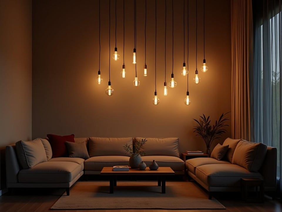 Cozy living room with cluster of hanging pendant lights