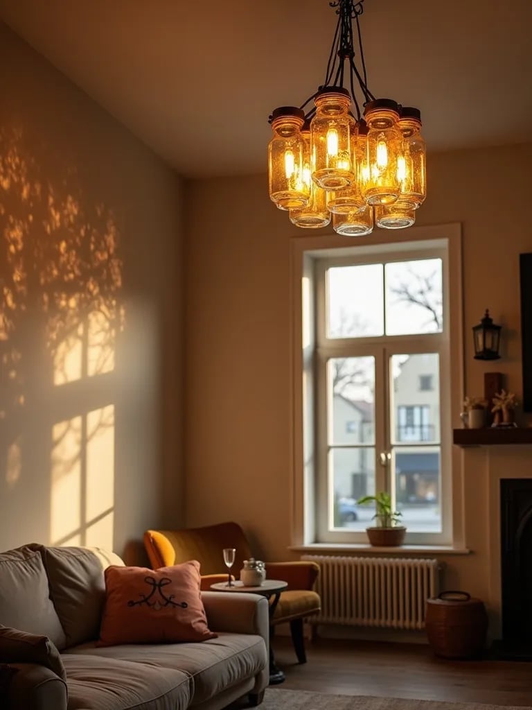 Cozy living room with large DIY mason jar chandelier casting warm patterns