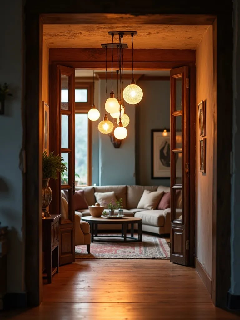 Cozy living room with multiple pendant lights at different heights