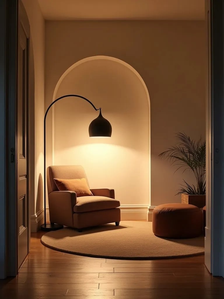 Cozy living room with oversized arching floor lamp over reading nook