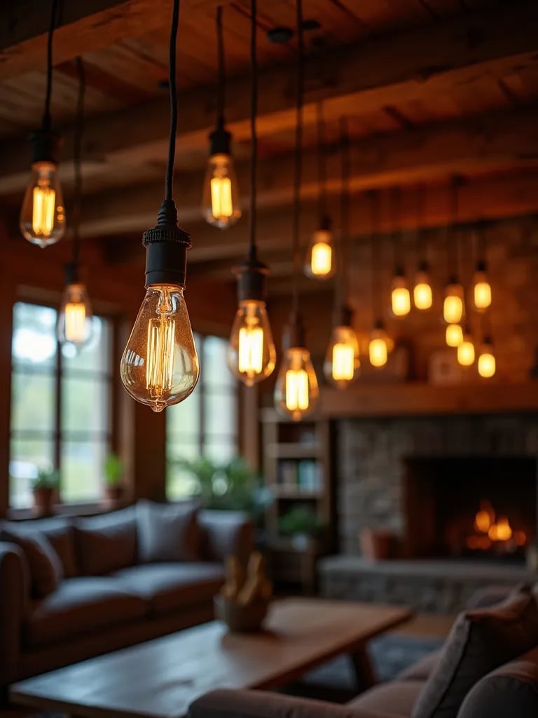 Cozy living space with mismatched hanging Edison bulbs