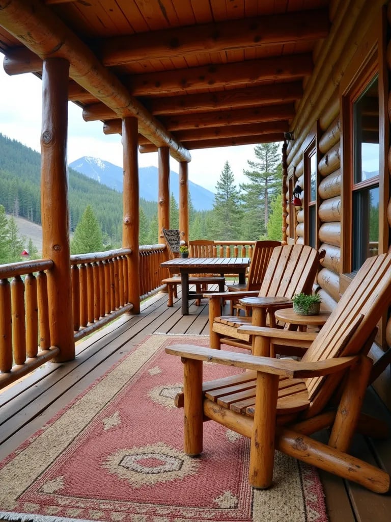 Cozy mountain porch featuring earthy toned rug and pine tree surroundings