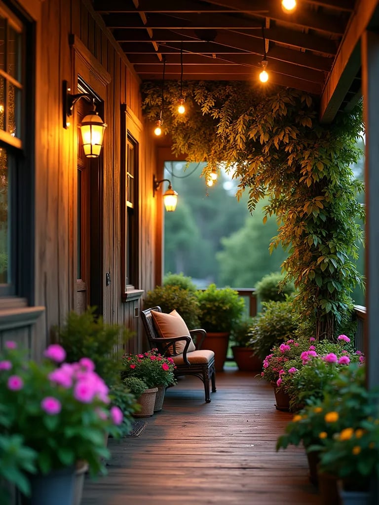 Cozy porch featuring expansive vertical garden with colorful plants
