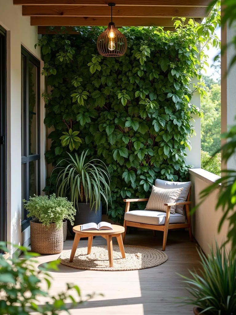 Cozy porch featuring vertical garden privacy screen and comfortable seating
