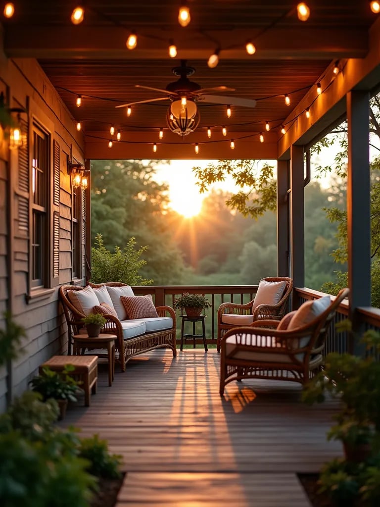 Cozy porch with mixed furniture and string lights at sunset
