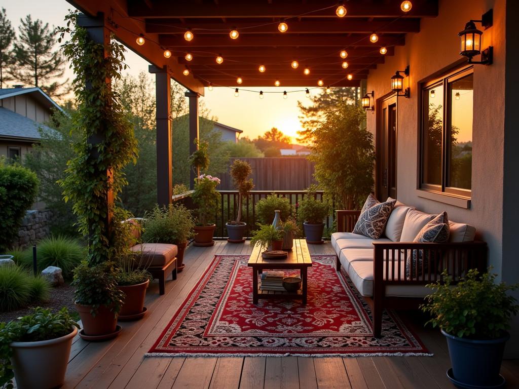 Cozy porch with patterned rug, seating area, and string lights at sunset