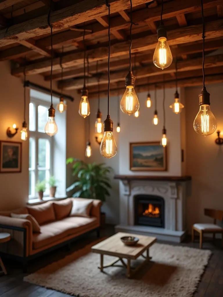 Cozy seating area illuminated by repurposed wooden ladder with Edison bulbs