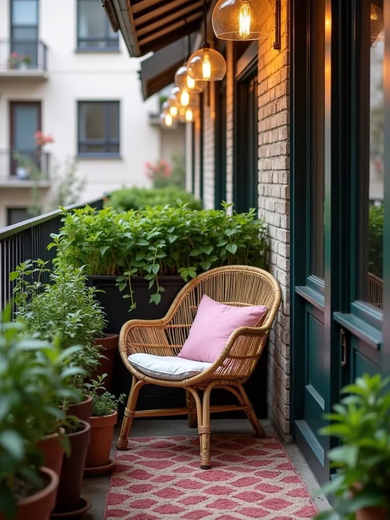 Cozy urban balcony with rattan chair, string lights, and vertical herb garden