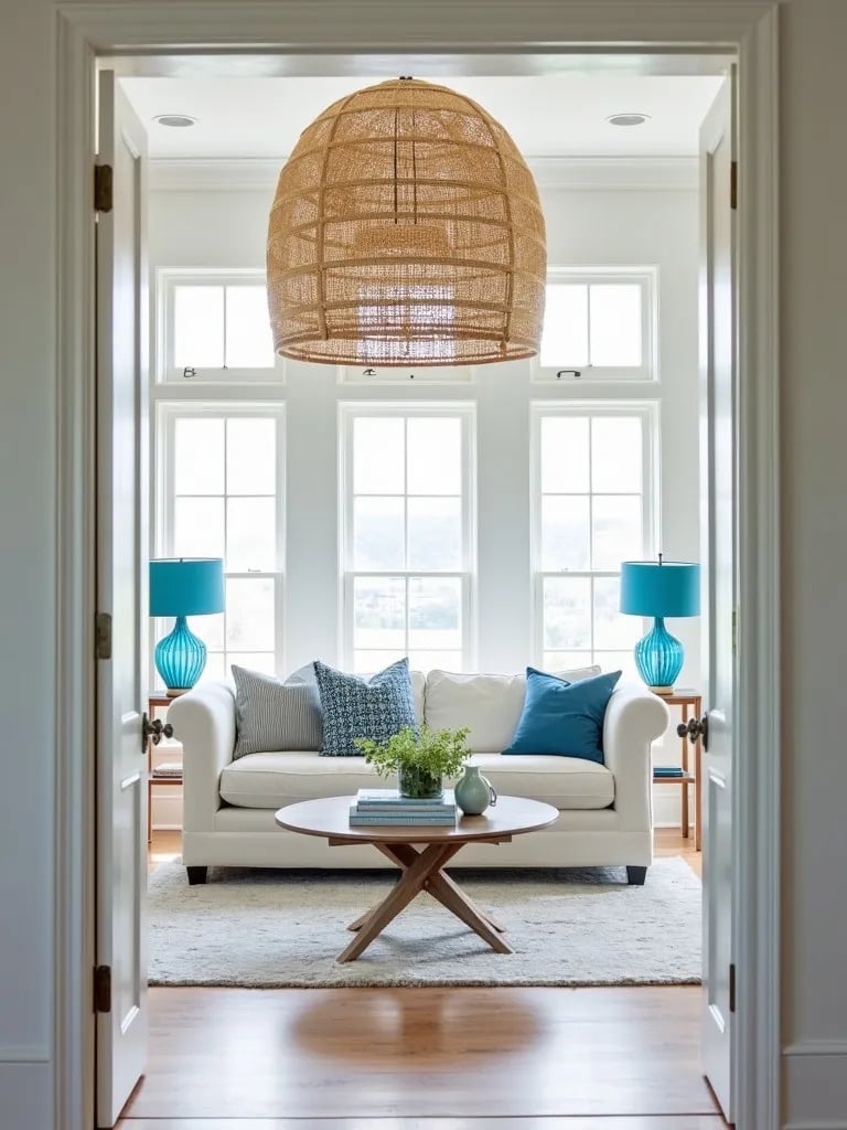 Doorway view of breezy room with rattan pendant and coastal themed lamps