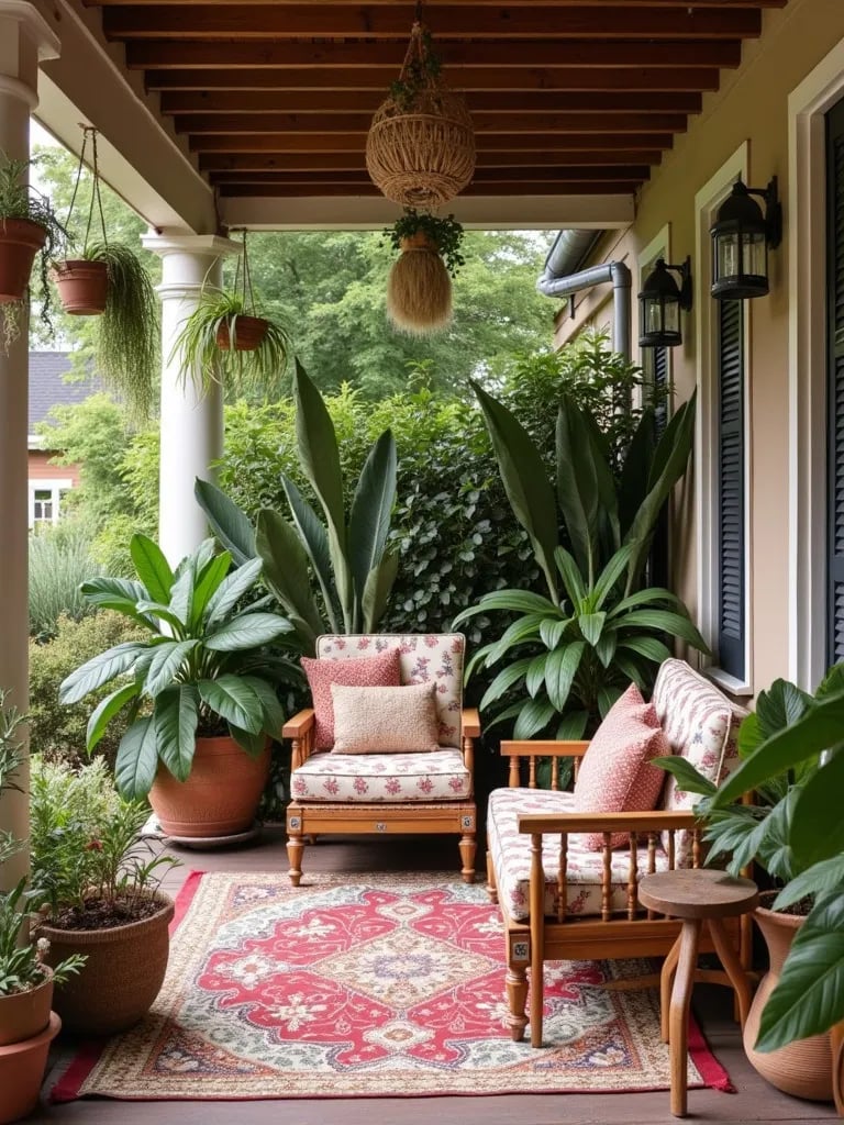 Eclectic bohemian porch with mixed furniture styles and hanging plants