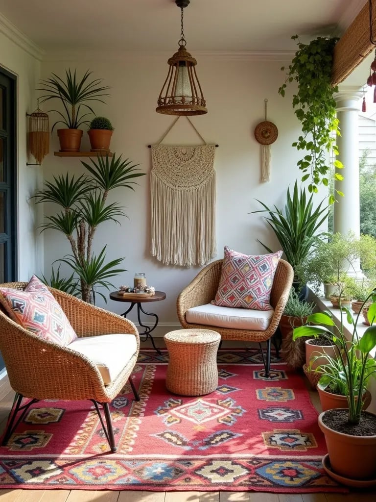 Eclectic boho chic porch featuring colorful kilim rug and macramé accents