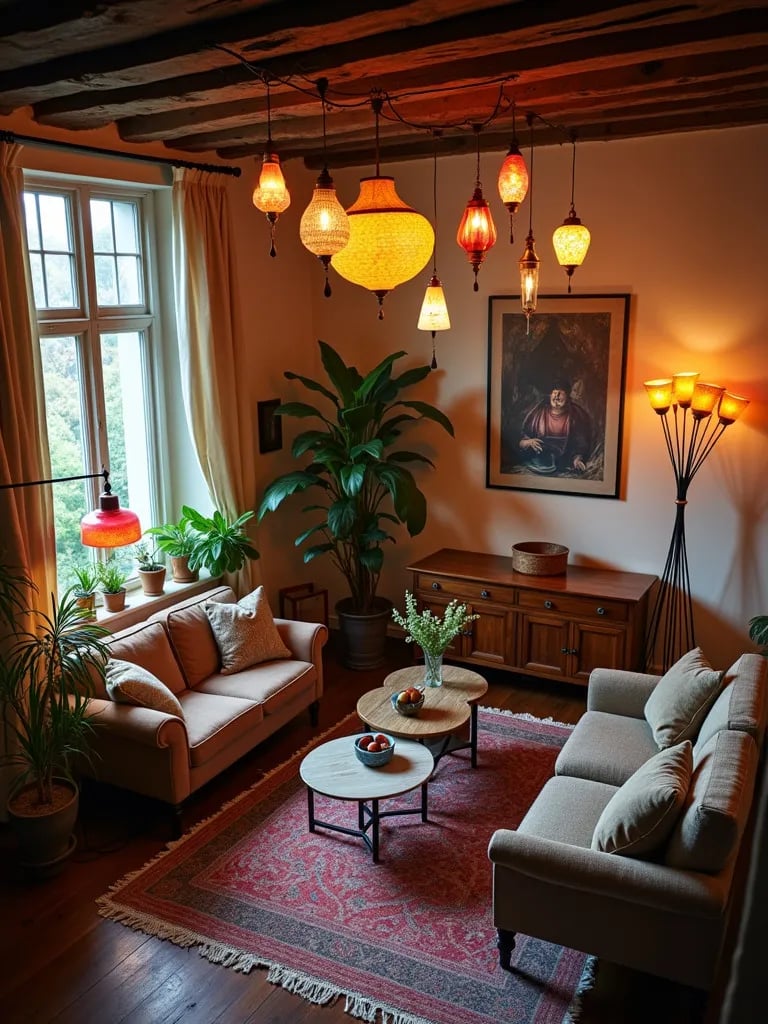 Eclectic living room with diverse pendant lights and colorful lamps