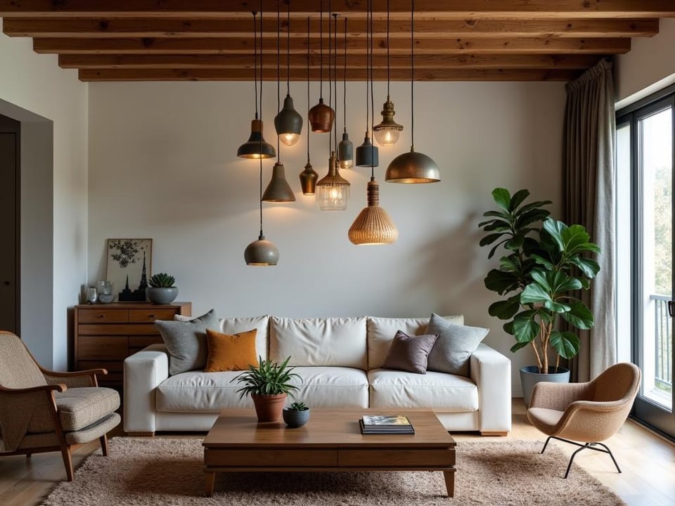 Eclectic living room with mismatched pendant lights above coffee table