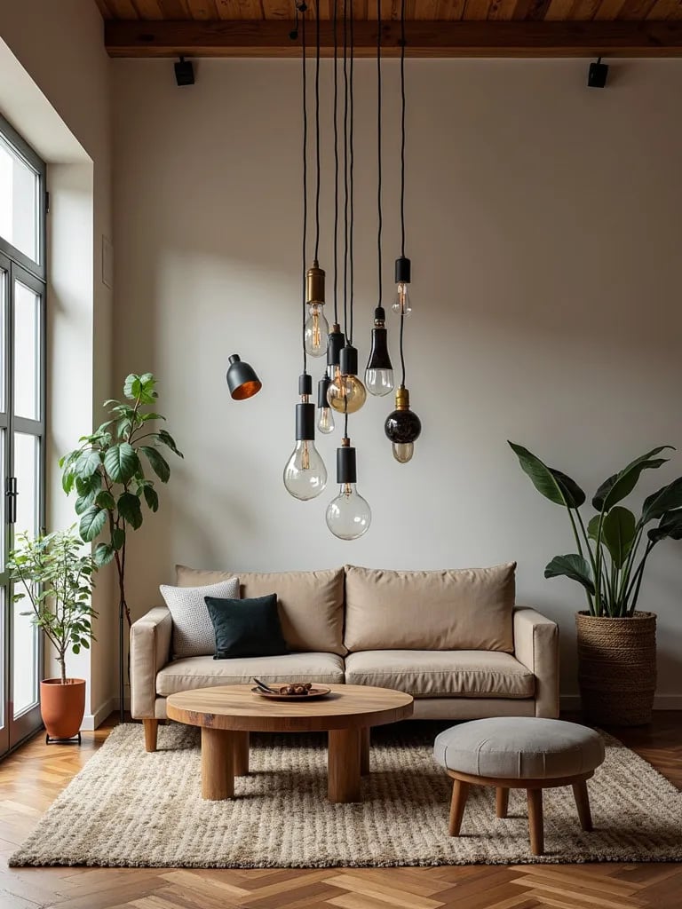 Eclectic living room with mismatched pendant lights over seating area