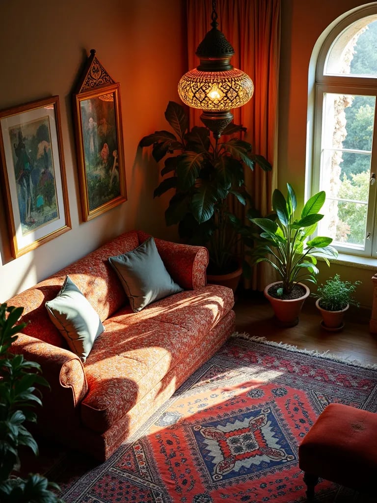 Eclectic living space featuring ornate Moroccan lamp and textiles