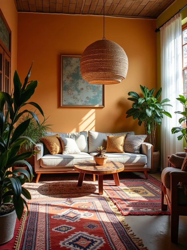 Eclectic living space featuring rattan light and layered textiles