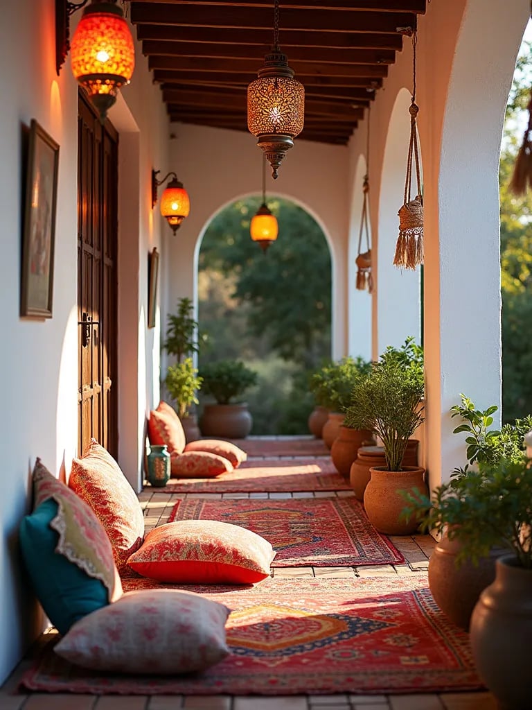 Eclectic porch featuring hanging Moroccan lanterns and macramé decor