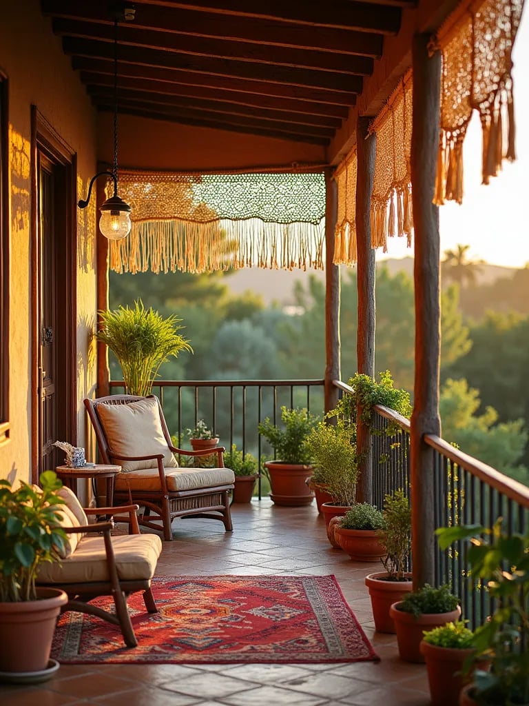 Eclectic porch featuring macramé privacy screens and diverse plant collection