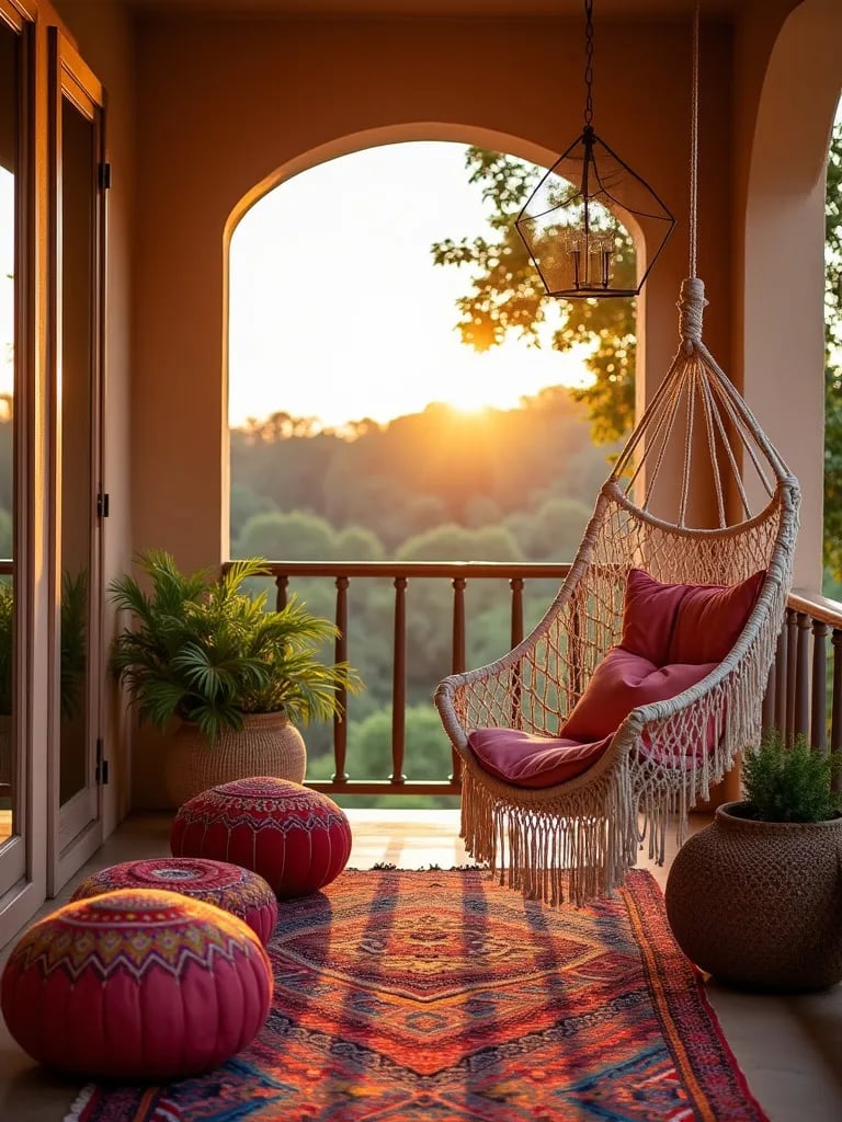 Eclectic porch with macramé chair and colorful bohemian decor