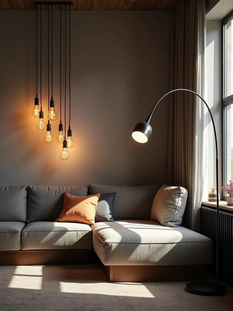 Edgy living room with diverse industrial style light fixtures