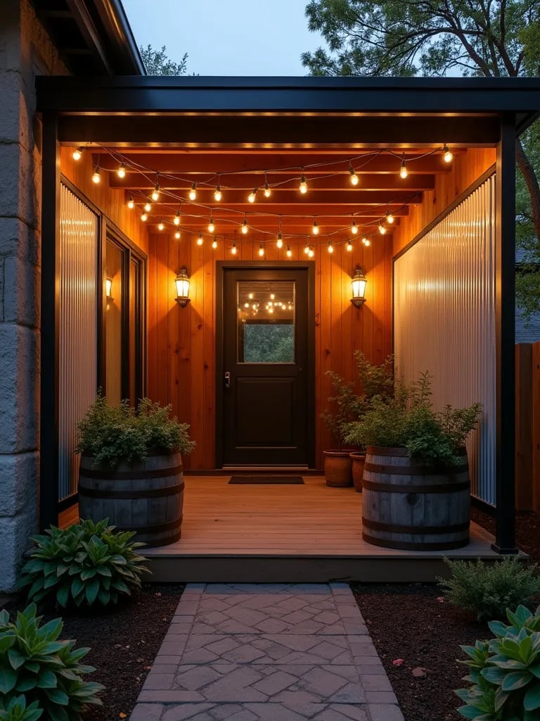 Edgy porch design featuring metal privacy screens and industrial style decor