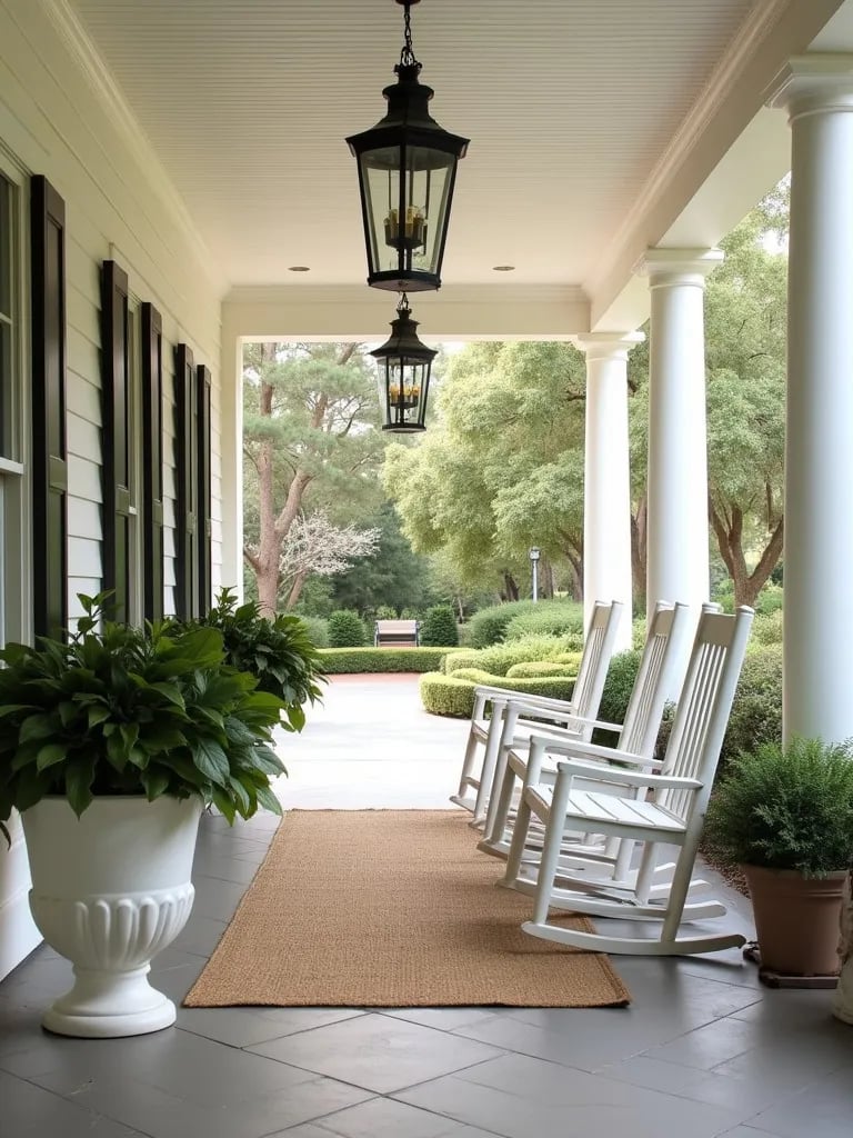 Elegant Southern porch with sisal rug, white rocking chairs, and magnolias