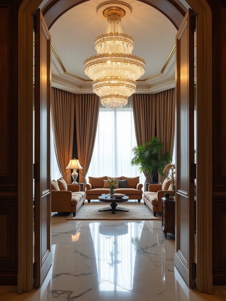 Elegant art deco living room with grand crystal chandelier