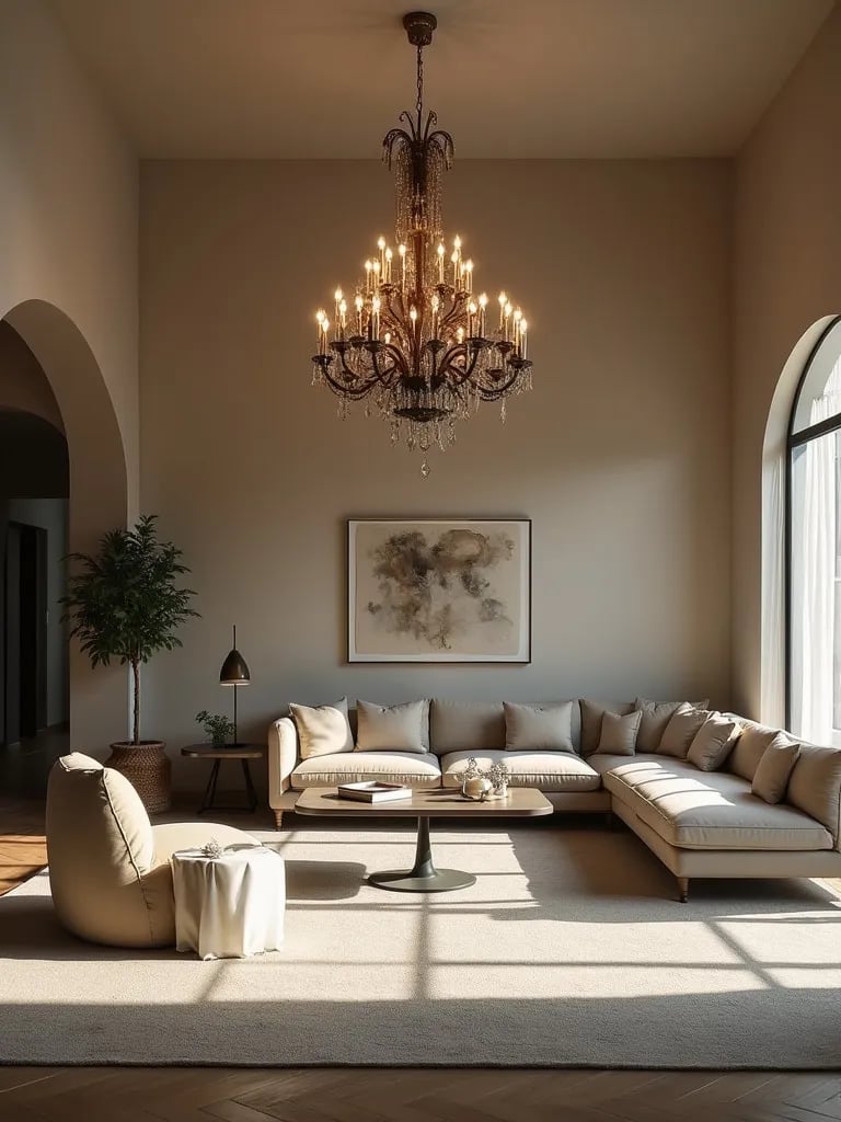 Elegant chandelier being installed in a spacious living room