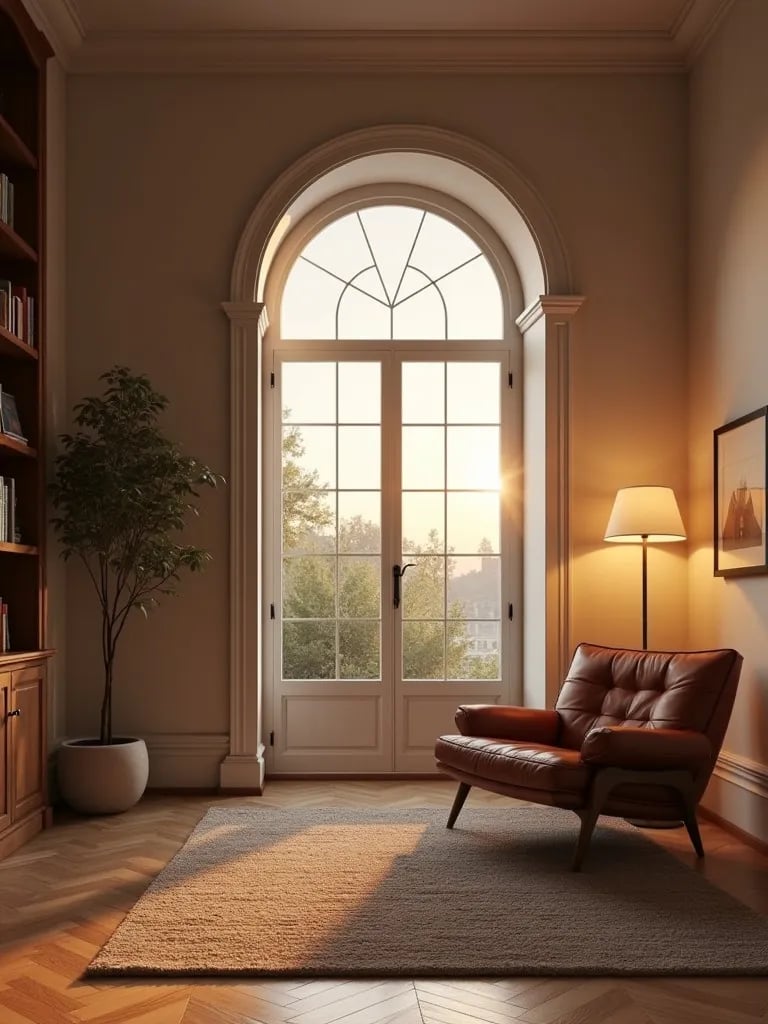 Elegant living room with arched window and modern floor lamp by reading nook