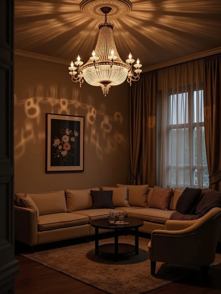 Elegant living room with large chandelier casting intricate shadows