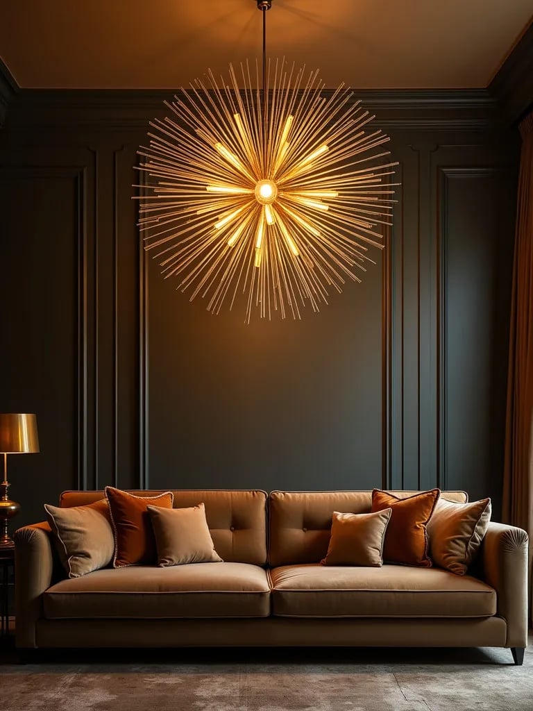 Elegant living space featuring dramatic Art Deco chandelier