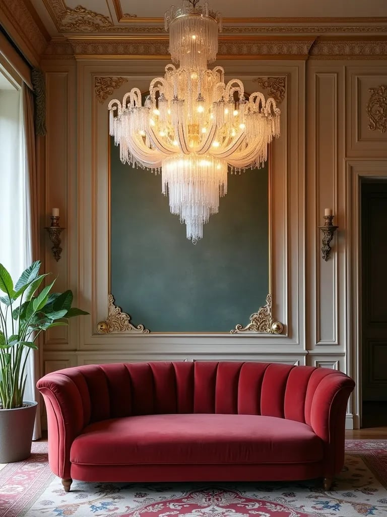 Elegant living space featuring flowing, nature inspired crystal light fixture