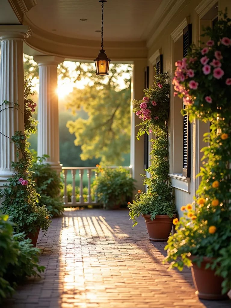 Elegant porch featuring series of hanging planters with trailing flowers and vines