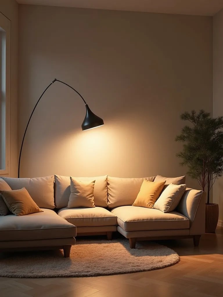 Elevated view of living room with warm glow from arc floor lamp