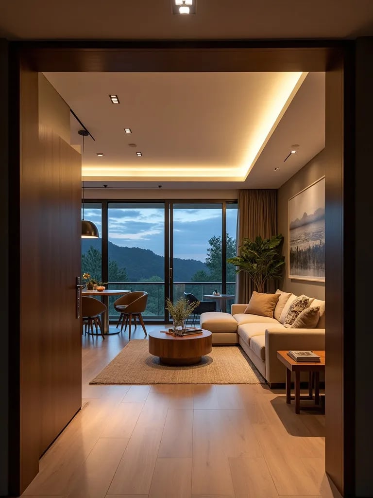 Entrance view of living dining area with various light fixtures and bulb types