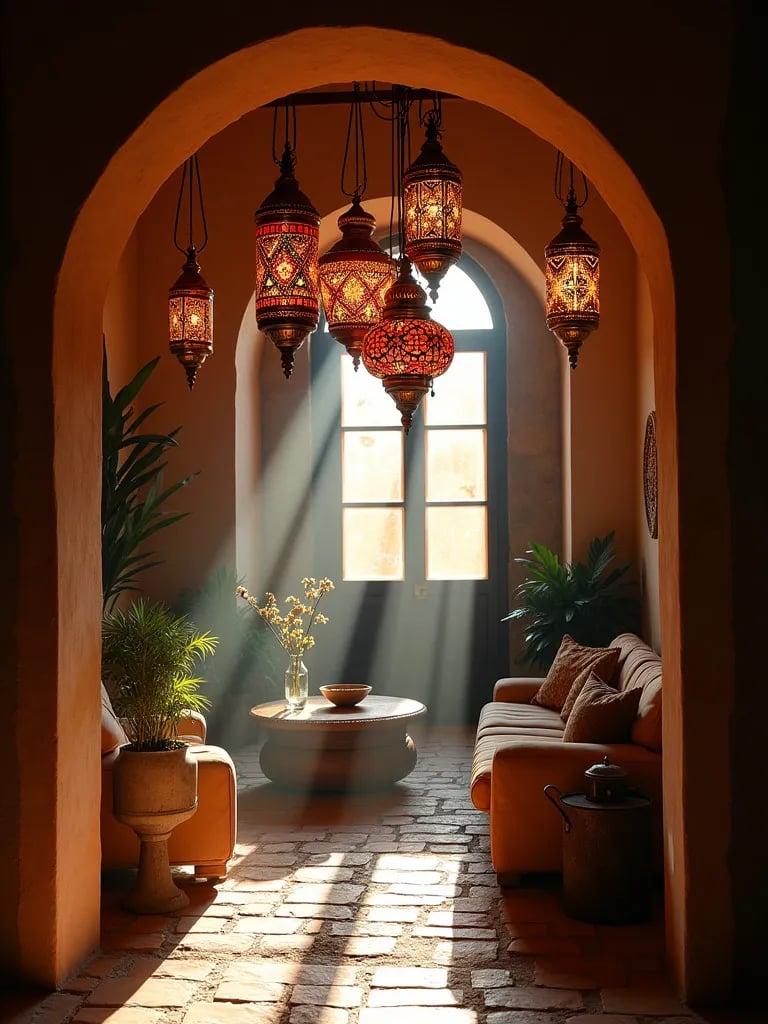 Entrance view of living room with hanging Moroccan lanterns and shadows