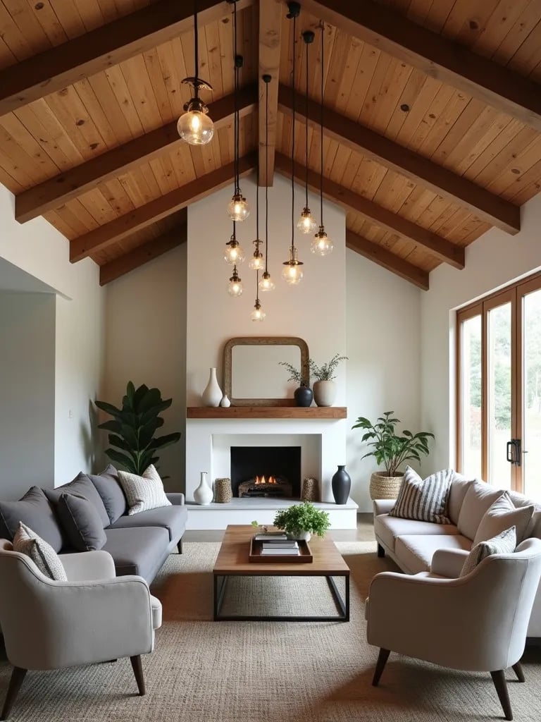 Farmhouse living room with wooden beam ceiling and multiple pendant lights