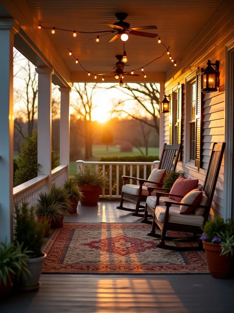 Farmhouse porch with rocking chairs on a patterned outdoor rug at sunset