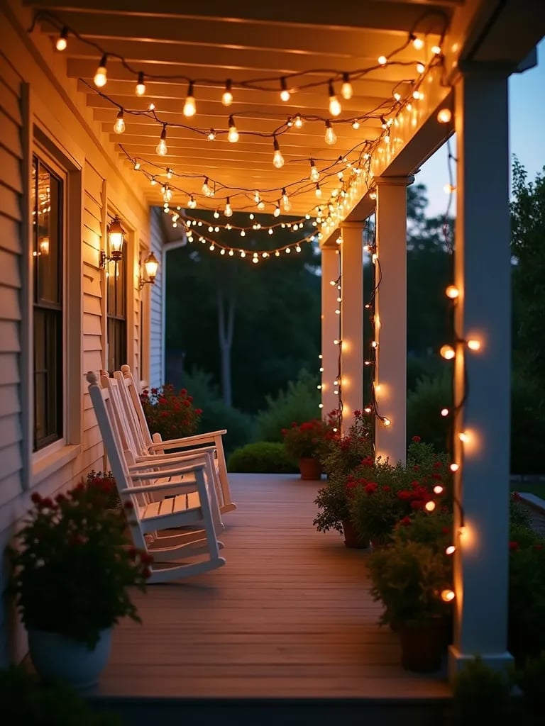 Farmhouse porch with string lights, rocking chairs, and plants at dusk