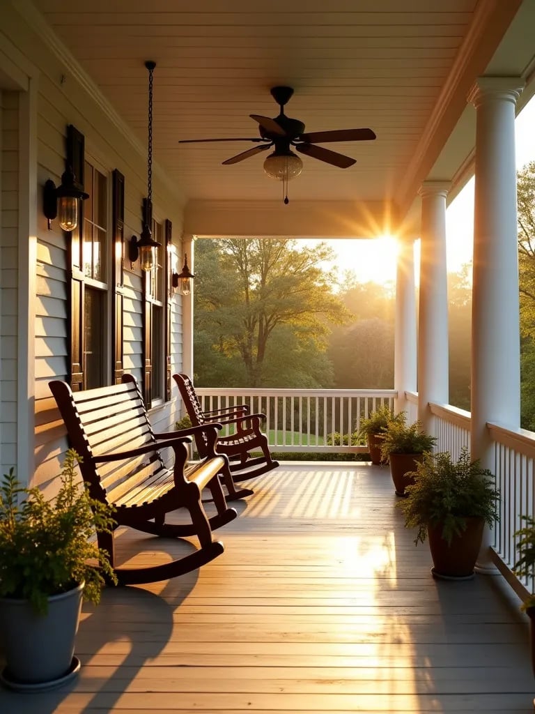 Farmhouse porch with wooden swing, rocking chairs, and plants in golden light
