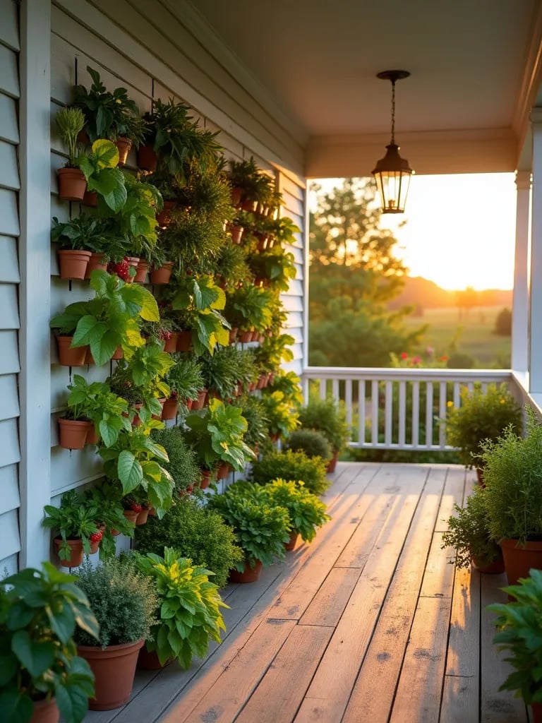 Farmhouse porch with wooden trellis vertical garden full of edible plants