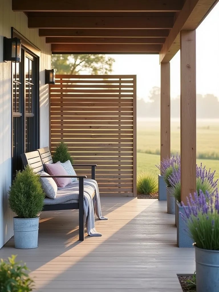 Farmhouse style porch featuring wooden privacy screen, porch swing, and planters