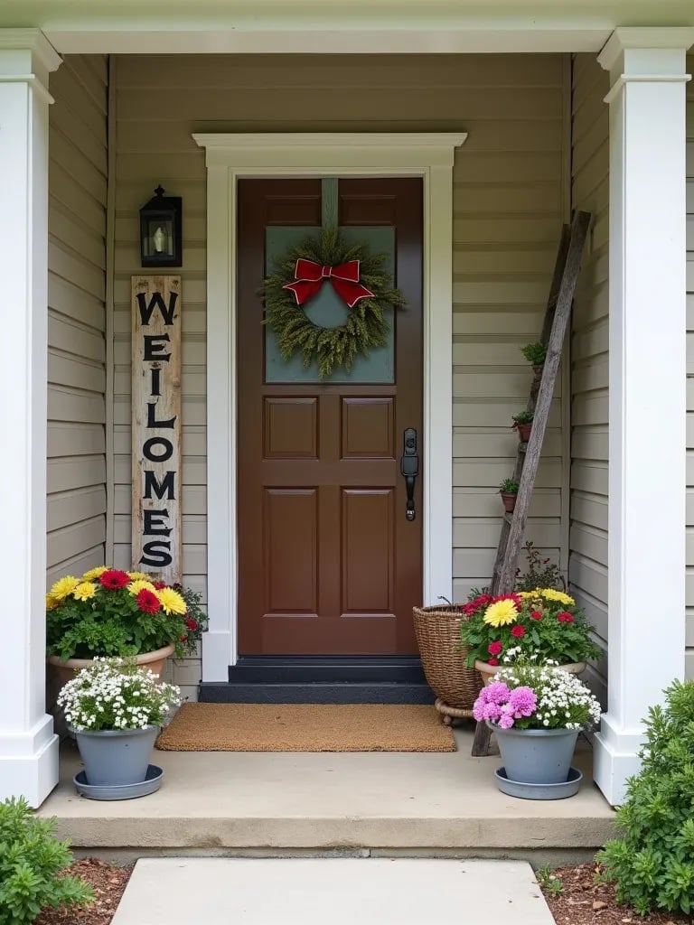 Front porch with DIY pallet sign, colorful flowers, and repurposed ladder plant stand