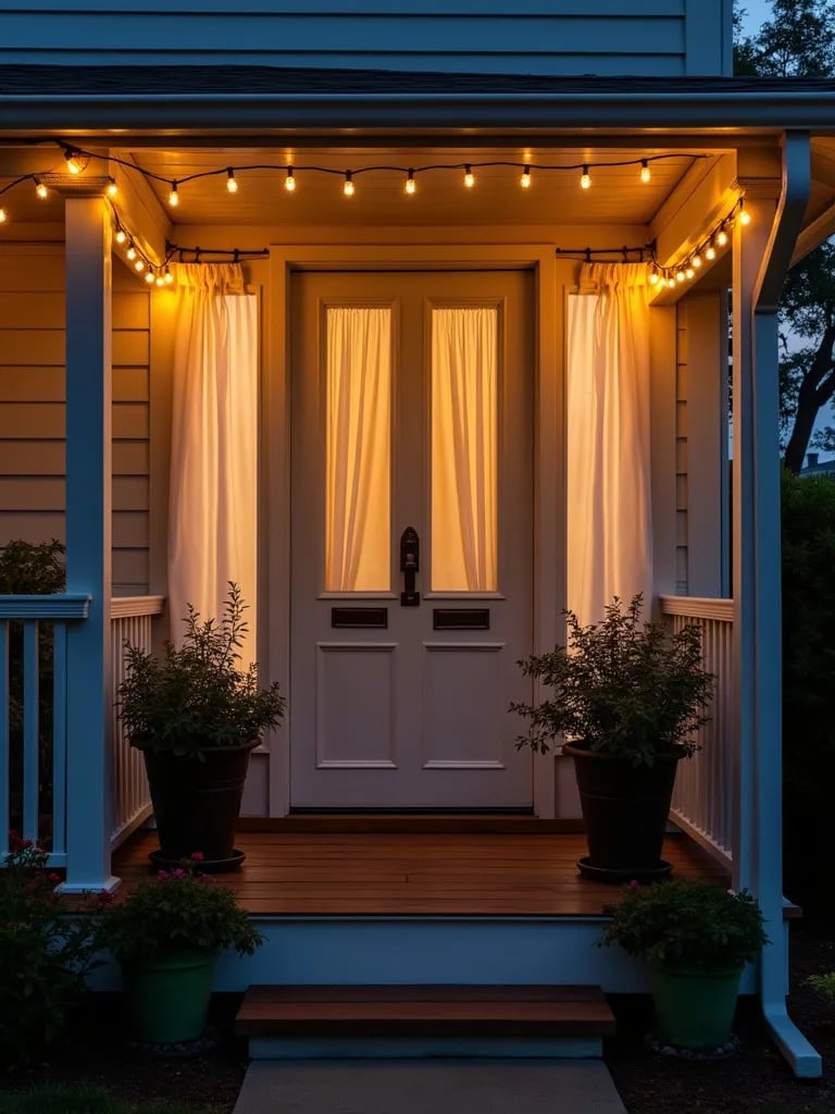 Front porch with white curtains, string lights, and potted plants at dusk