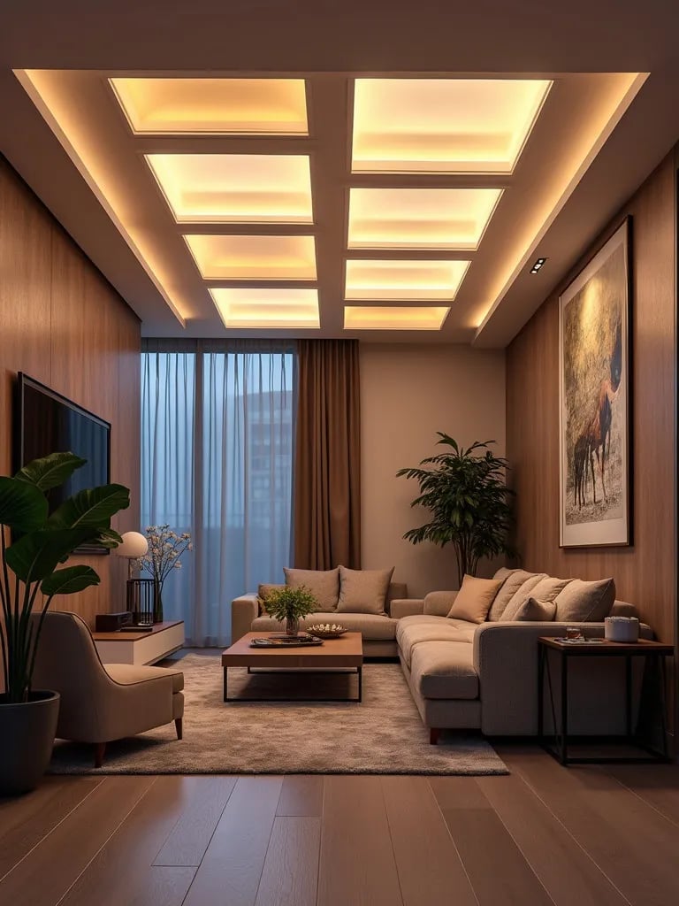 Futuristic living room featuring series of LED light panels on ceiling