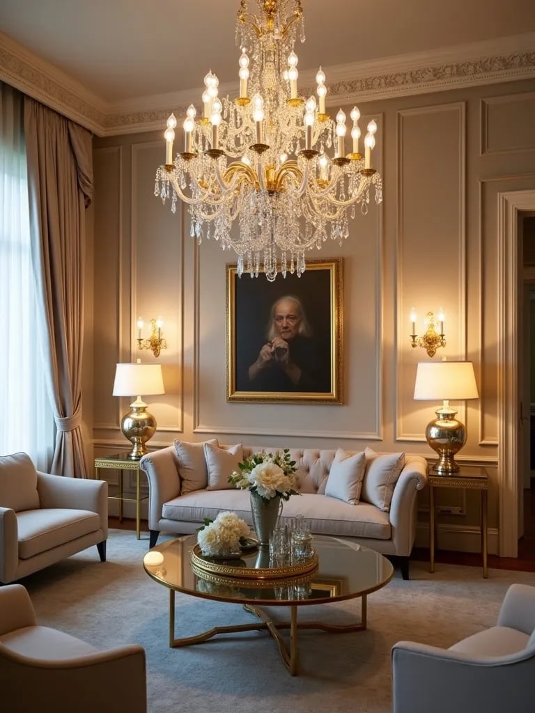 Glamorous art deco living room with crystal chandelier and gold accents