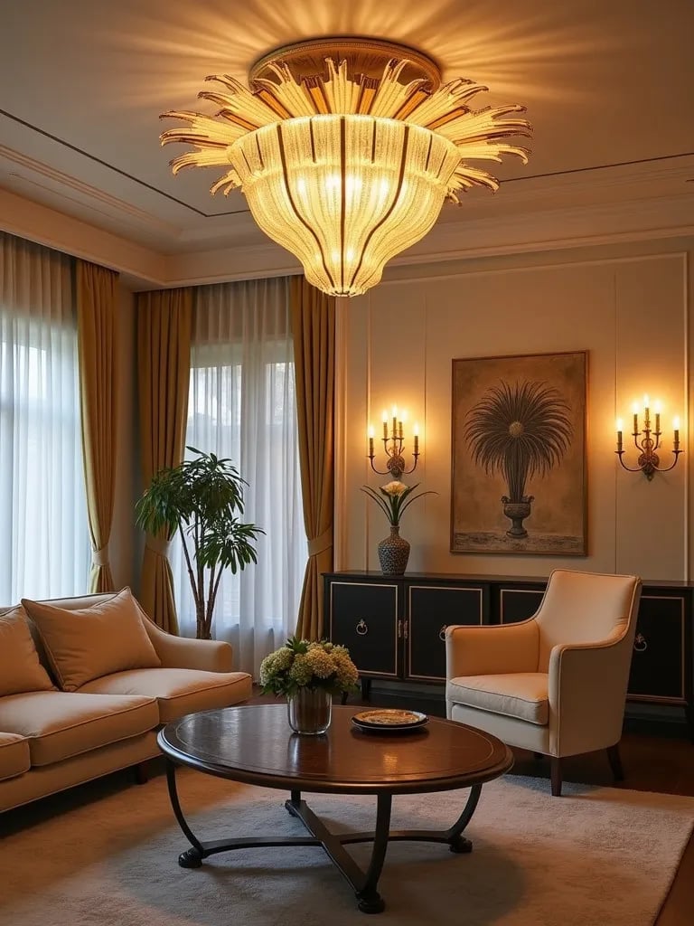 Glamorous living room with art deco sunburst ceiling light and sconces