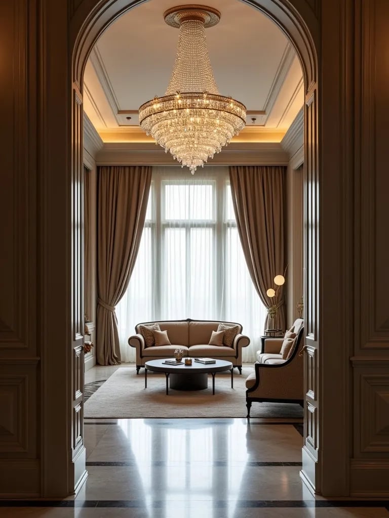 Grand living space featuring multi tiered crystal light fixture