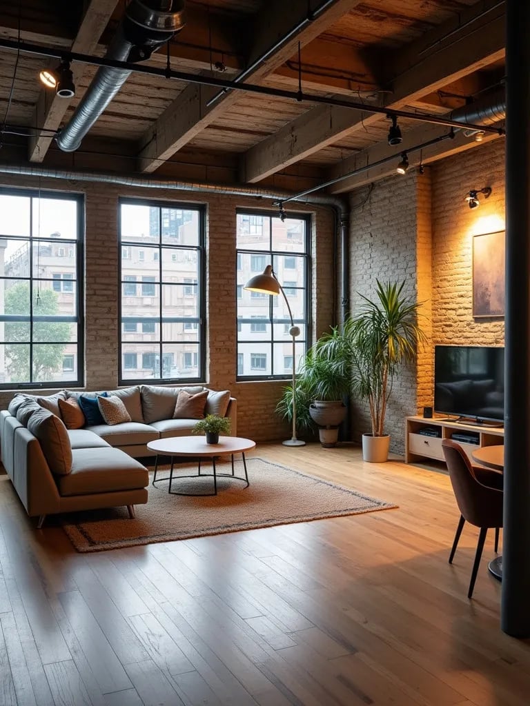 High angle view of industrial loft with track lighting being installed on exposed pipes
